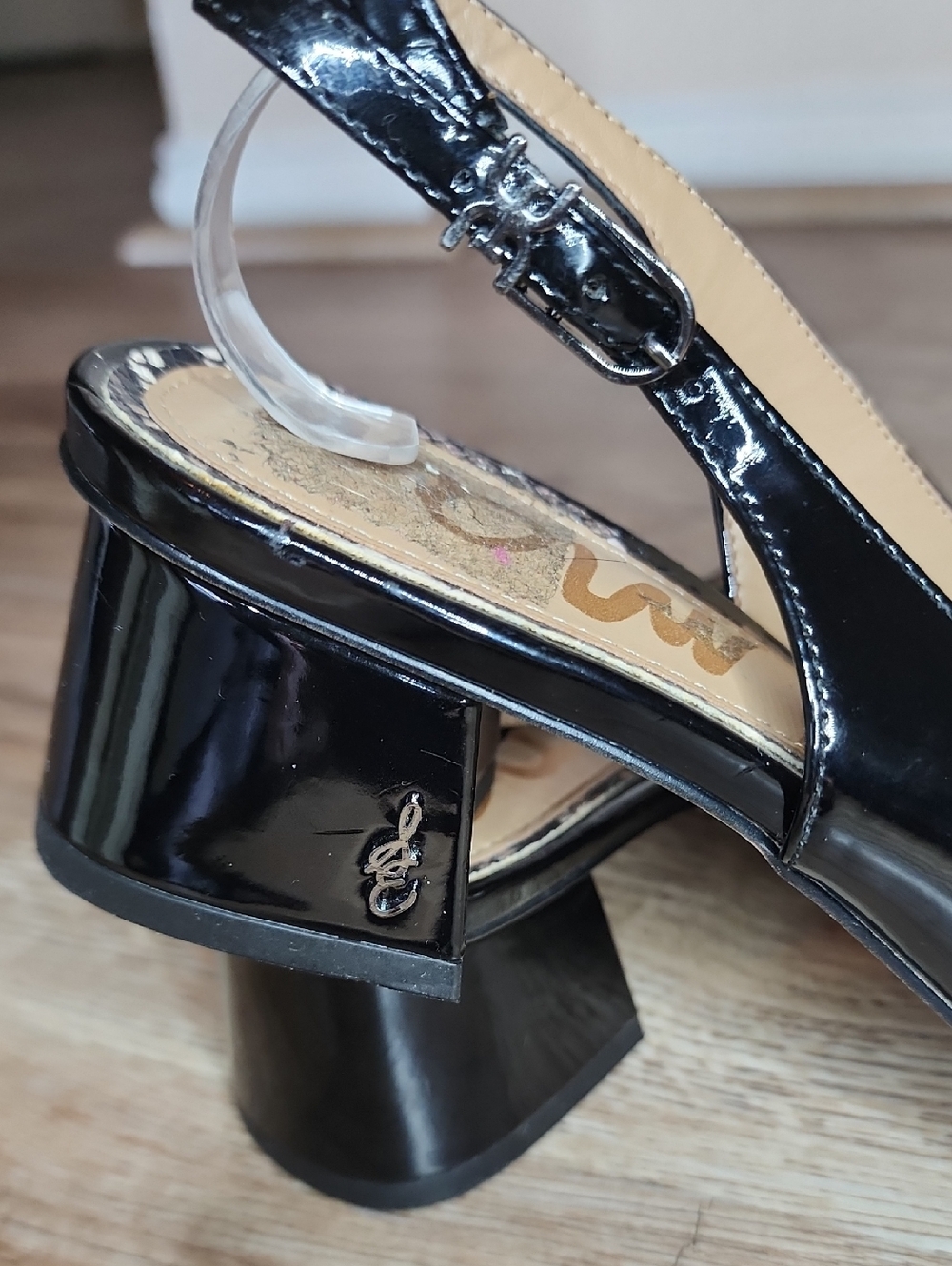 Sam Edelman Terra Square Toe Slingback Block Heel Black Patten Leather Shoes - Picture 5 of 16